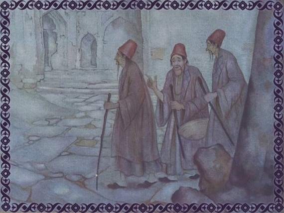 Khalief Haroen Al-Rasjid wandelt bij nacht door de stad met zijn vizier -|- Prent: Anton Pieck uit 'Sprookjes van 1001-nacht' - Scan: Jos Visser