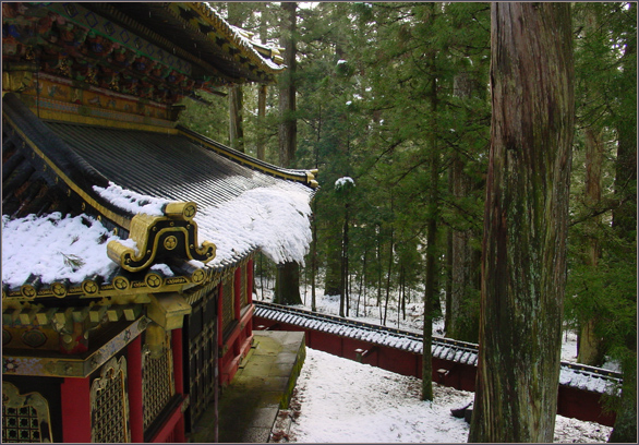 Sneeuw op pagodedaken in Nikko. -|- Foto: Friso Geerlings © het WWCW 2009